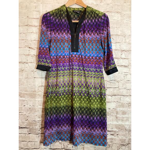 Etcetera Popover Dress Womens 2 Satin Retro Rainbow Tiles‎ Zip Pockets Stretch - Picture 1 of 13